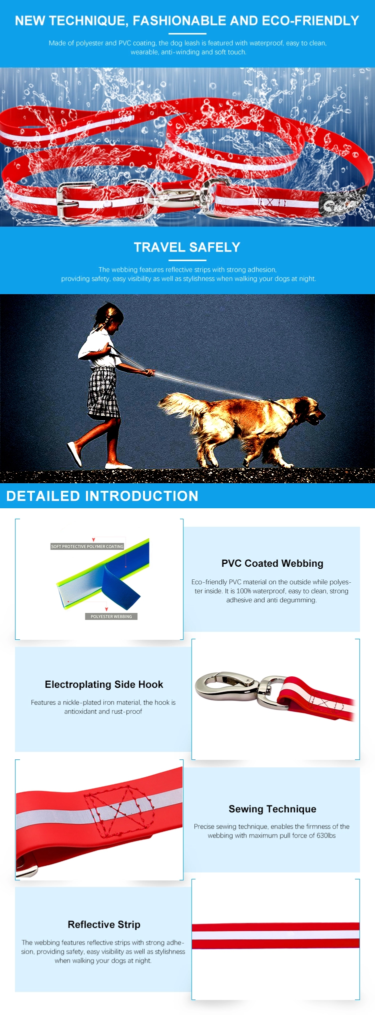Laisse réfléchissante pour chien avec revêtement PVC imperméable, 25 mm